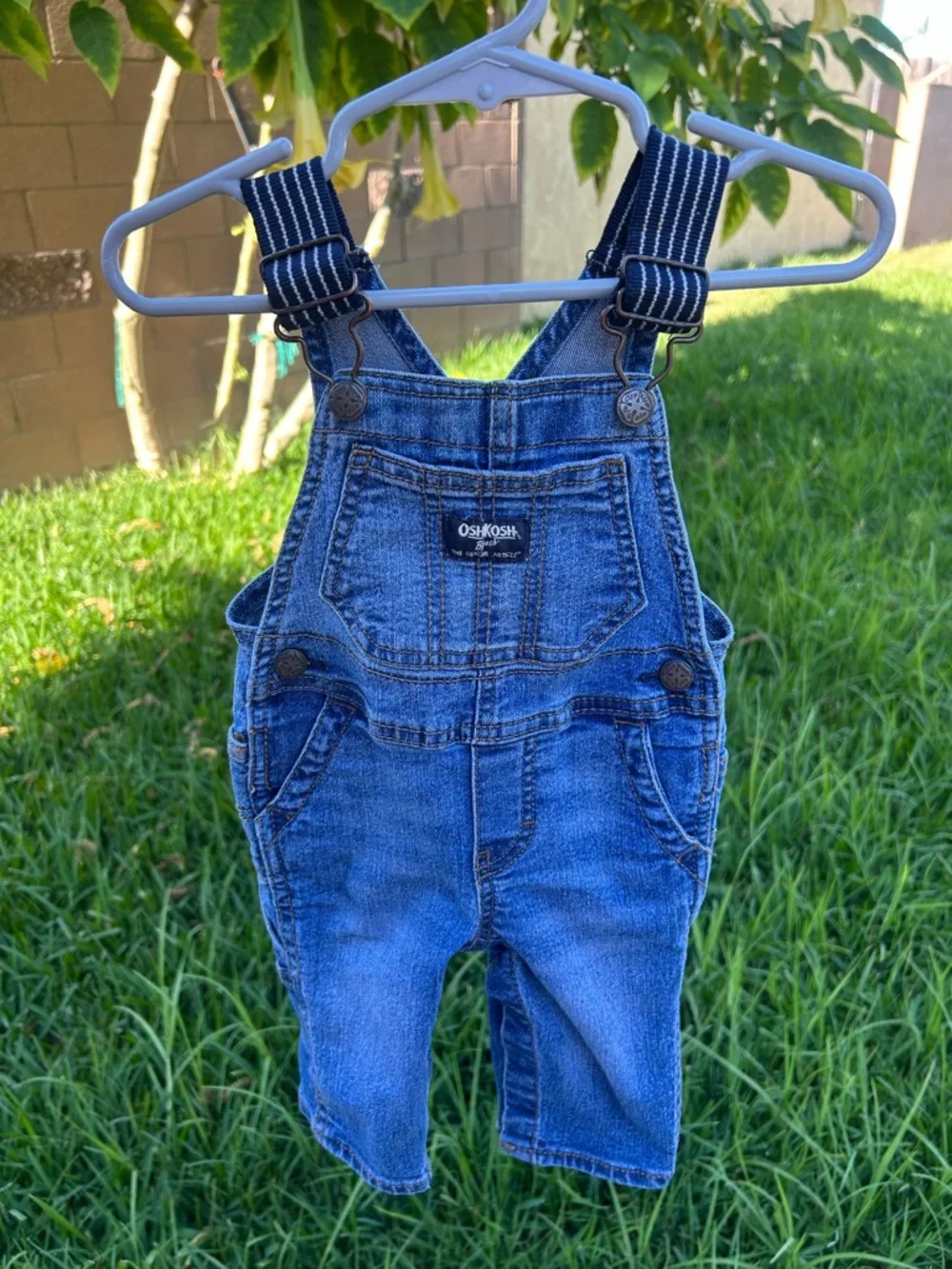 OshKosh B'gosh Classic Blue Denim Kids Overalls with Striped Straps
